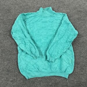 Interim Sweater Womens Size M Teal Heart Knit Cotton Mock Neck Vintage Pullover